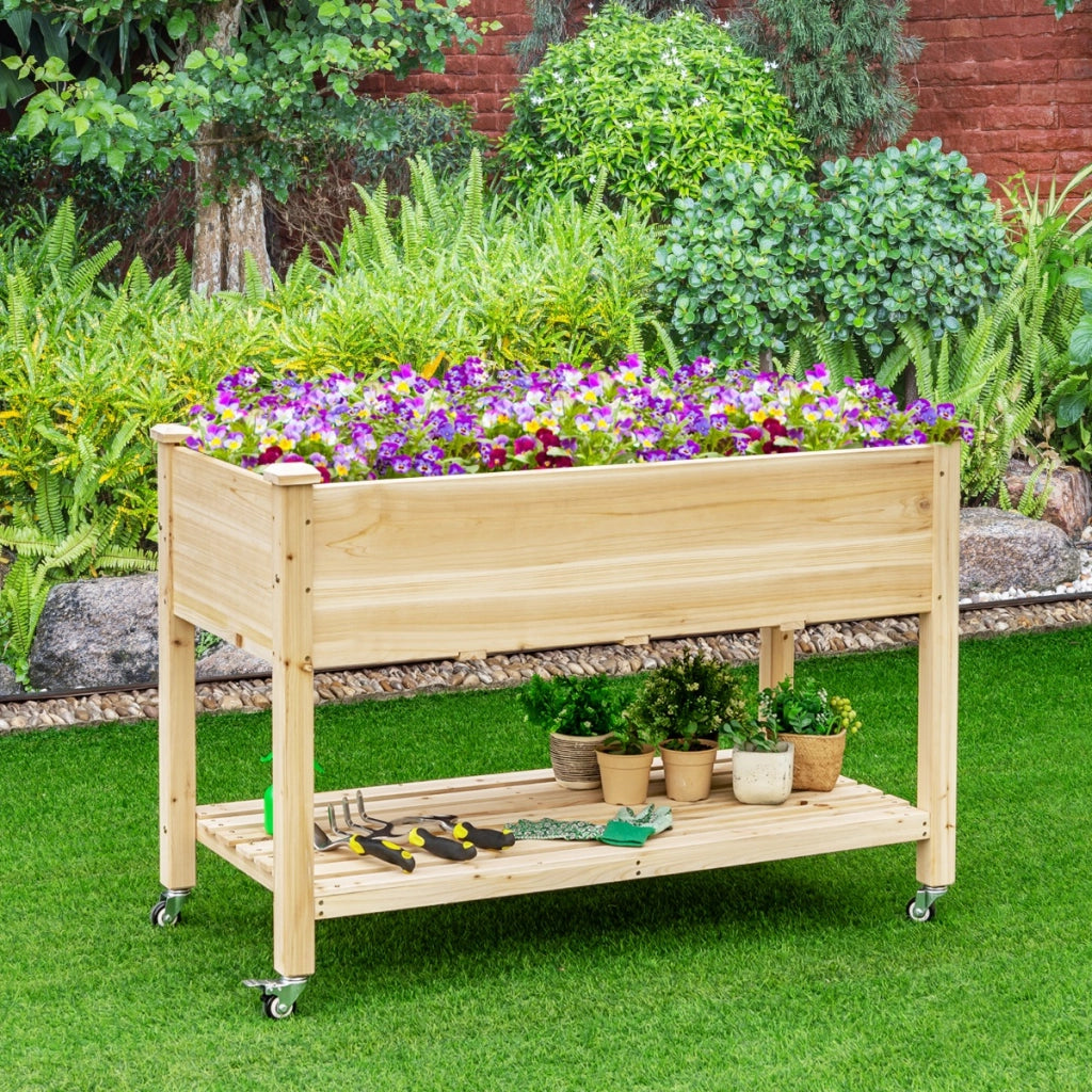 Letto da giardino rialzato con ruote bloccabili capienza e rivestimento protettivo, Fioriera mobile in legno-Fioriere
