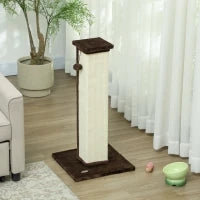 Grattatoio per Gatti Asta Grattatoio Gatto in Sisal e Peluche, Pallina Sospesa Base Stabile, 41 x 41 x 81 cm Marrone e Crema