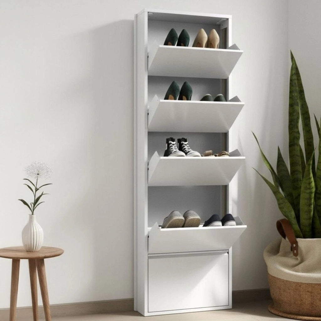 Scarpiera Aspro, Portascarpe con ante a ribalta da ingresso in metallo, Scarpiera moderna lineare di color bianco, Cm 50x15h169, a 5 Ante