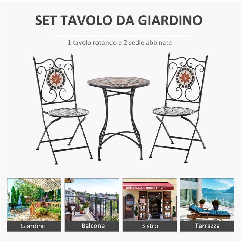 SET CON TAVOLO TONDO E 2 SEDIE PIEGHEVOL IN METALLO E CERAMICA MOSAICO