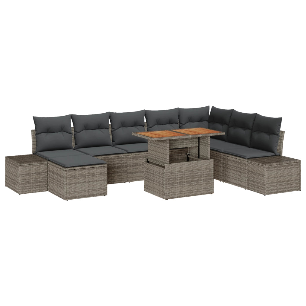 Set da Pranzo da Giardino 9 Pezzi con Cuscini Grigio in Poly Rattan e Acacia