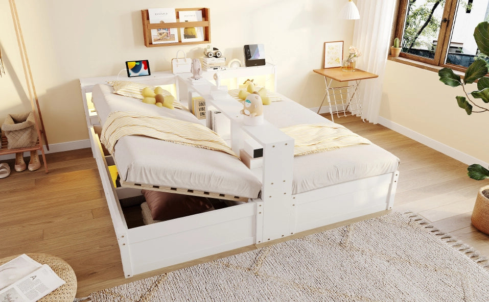 Letto multifunzionale ULEVR 90/180x200 cm con LED, prese integrate e contenitore idraulico, bianco