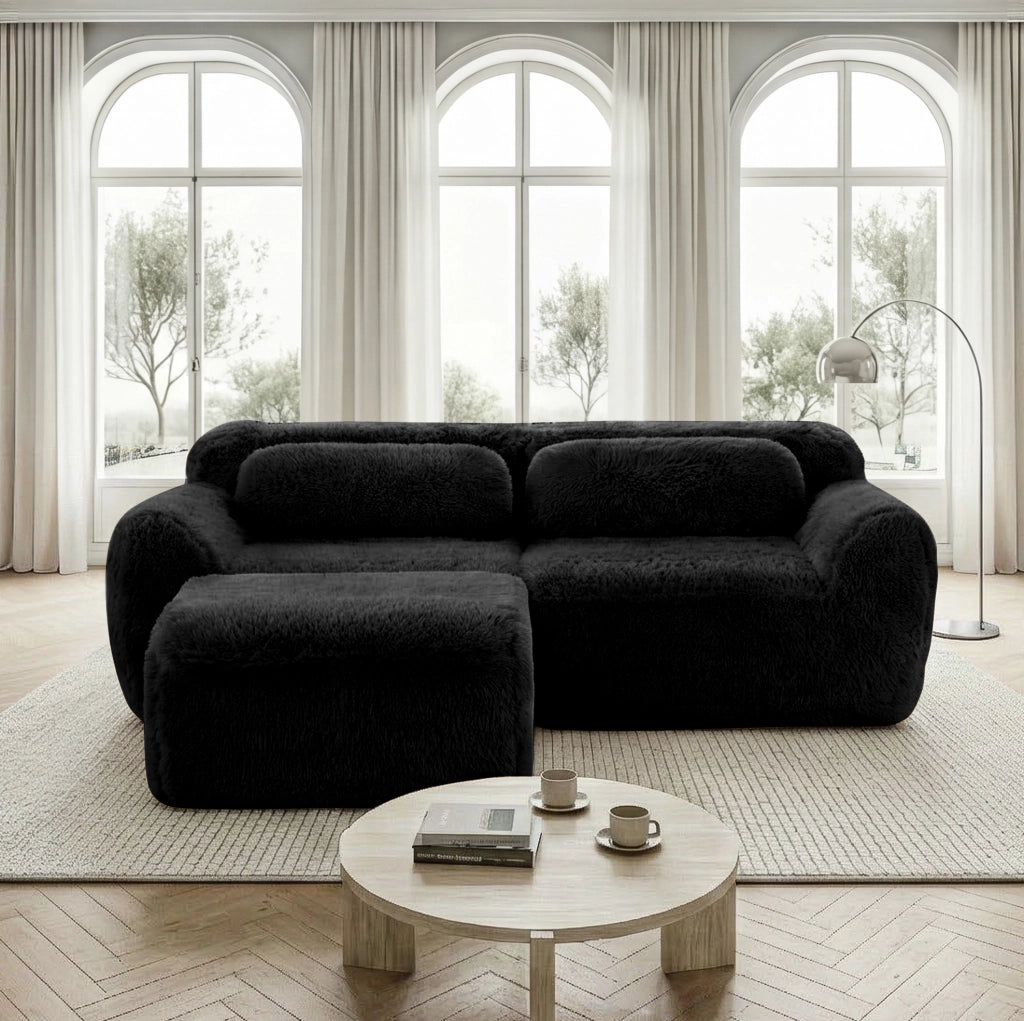 Divano modulare angolare 2 posti a L 204x179x73 cm in tessuto plush nero; senza montaggio