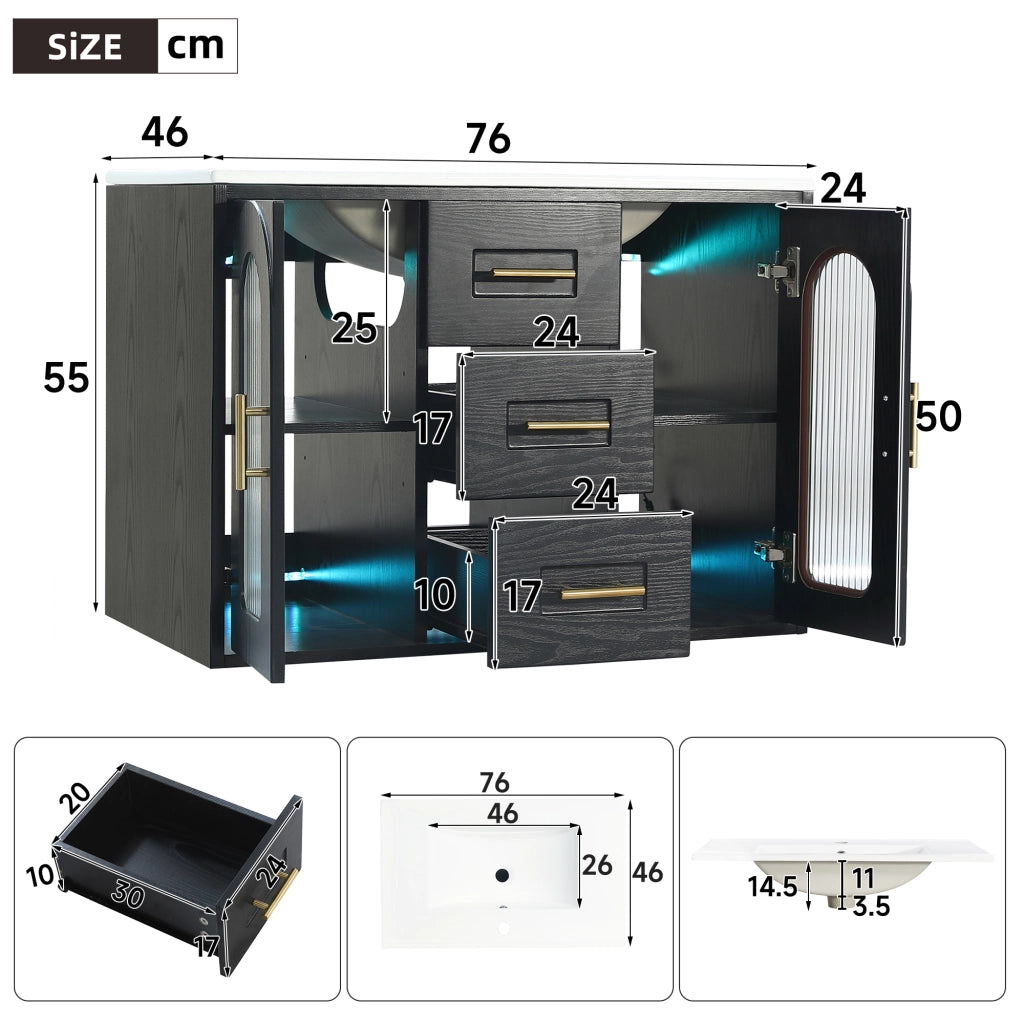 Mobile sottolavabo da bagno con LED, 2 cassetti e ripiani regolabili, anta in vetro rigato, nero, 76 × 46 × 55 cm