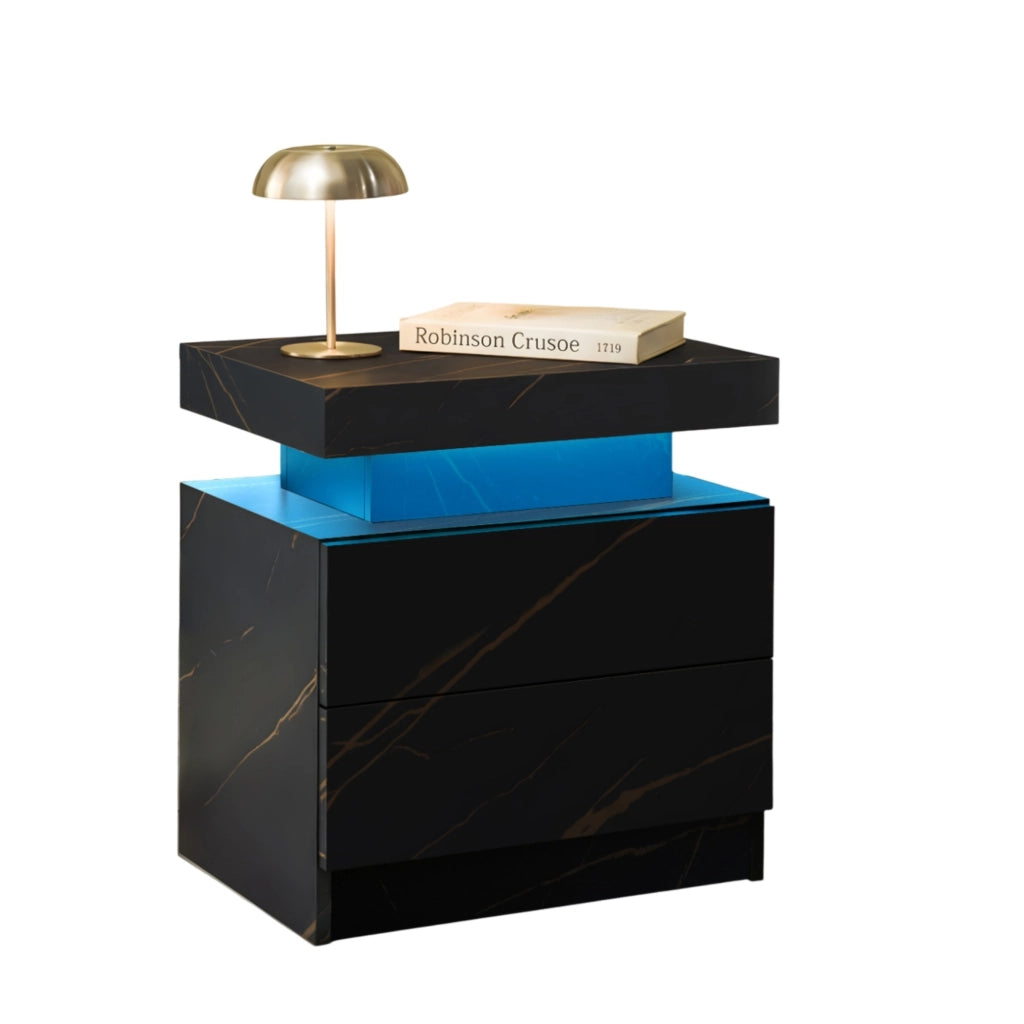 Coppia di comodini LED con 2 cassetti, luce multicolore, nero e oro