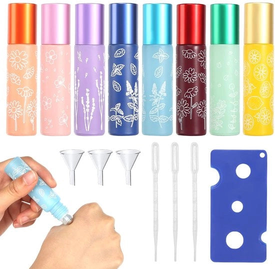Set di flaconi in acciaio inossidabile da 8 - 10 ml per olii eterei - Roller con apripolvere - Cucchiaio - Leggero - Flaconi a rotolo