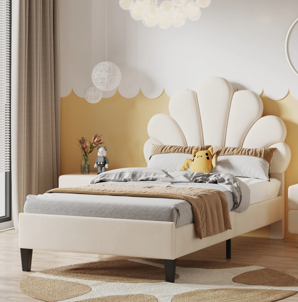 Letto imbottito 90x200 cm con testiera floreale beige