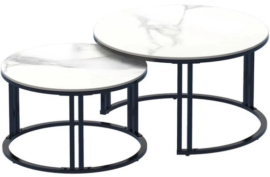Set di 2 Tavoli da Sala - Tavoli Ronde - Laminato Pietra - Design Spaziale e Moderno - Bianco