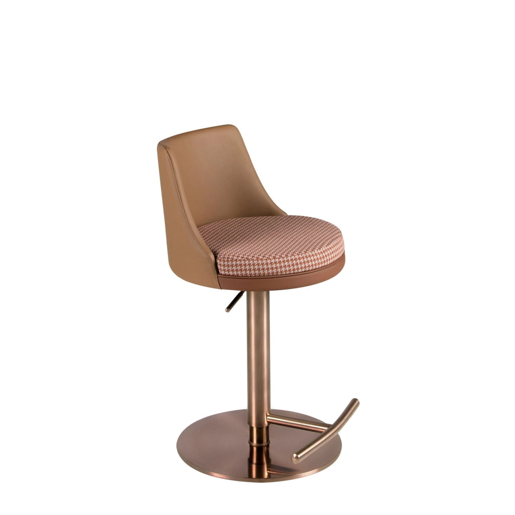 Sgabello girevole in tessuto marrone terracotta e beige e similpelle marrone