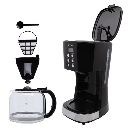 SOGO Caffettiera a Goccia 12 Tazze – 1,5L – 900W – Timer, LCD, Caraffa in Vetro, Filtro Permanente, Keep Warm, Anti-Goccia