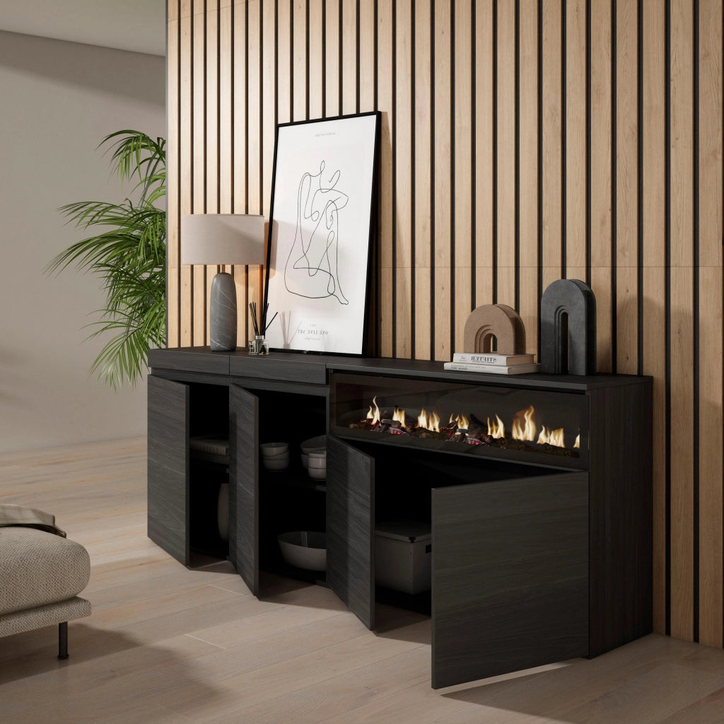 Credenza, Mobile, 200x35x75cm, 4 Porte, Camino elettrico, Nero RF2389