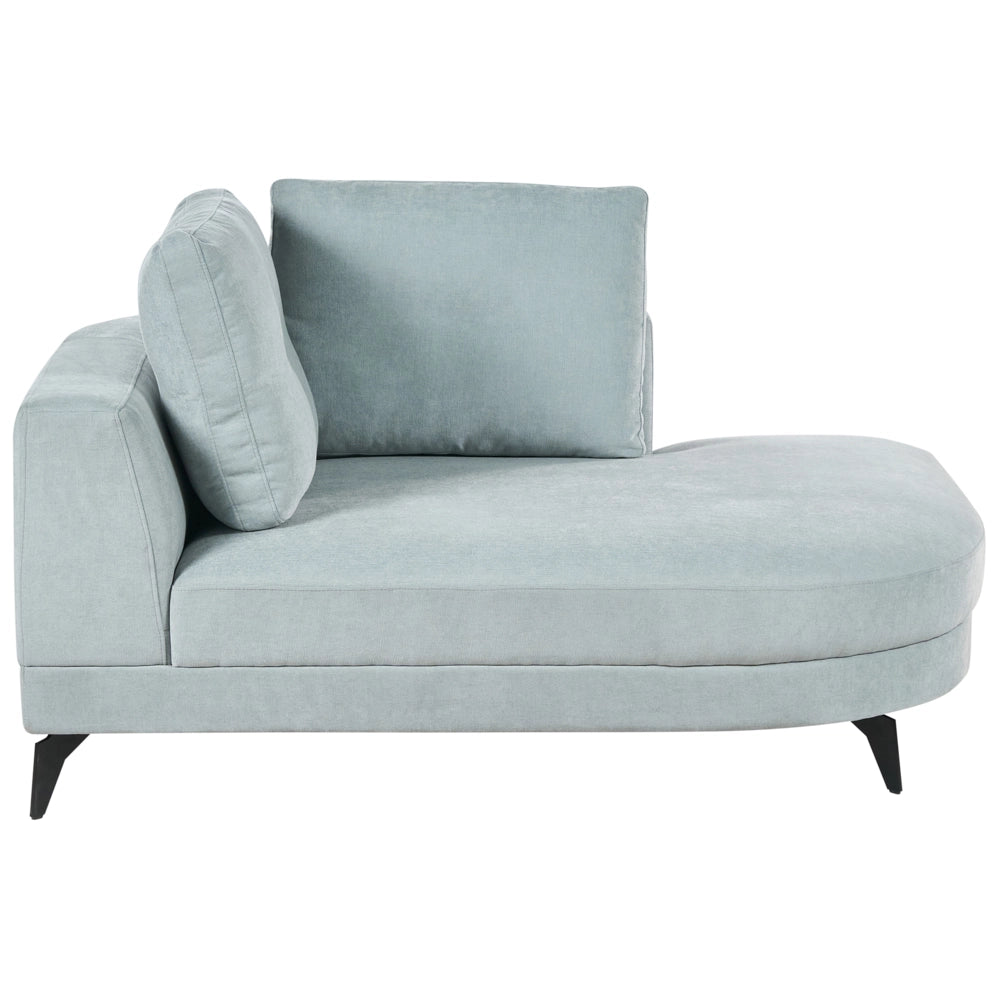 Chaise longue con rivestimento in ciniglia sintetico idrorepellente Gambe in ferro nero con cuscini azzurro lato sinistro stile moderno