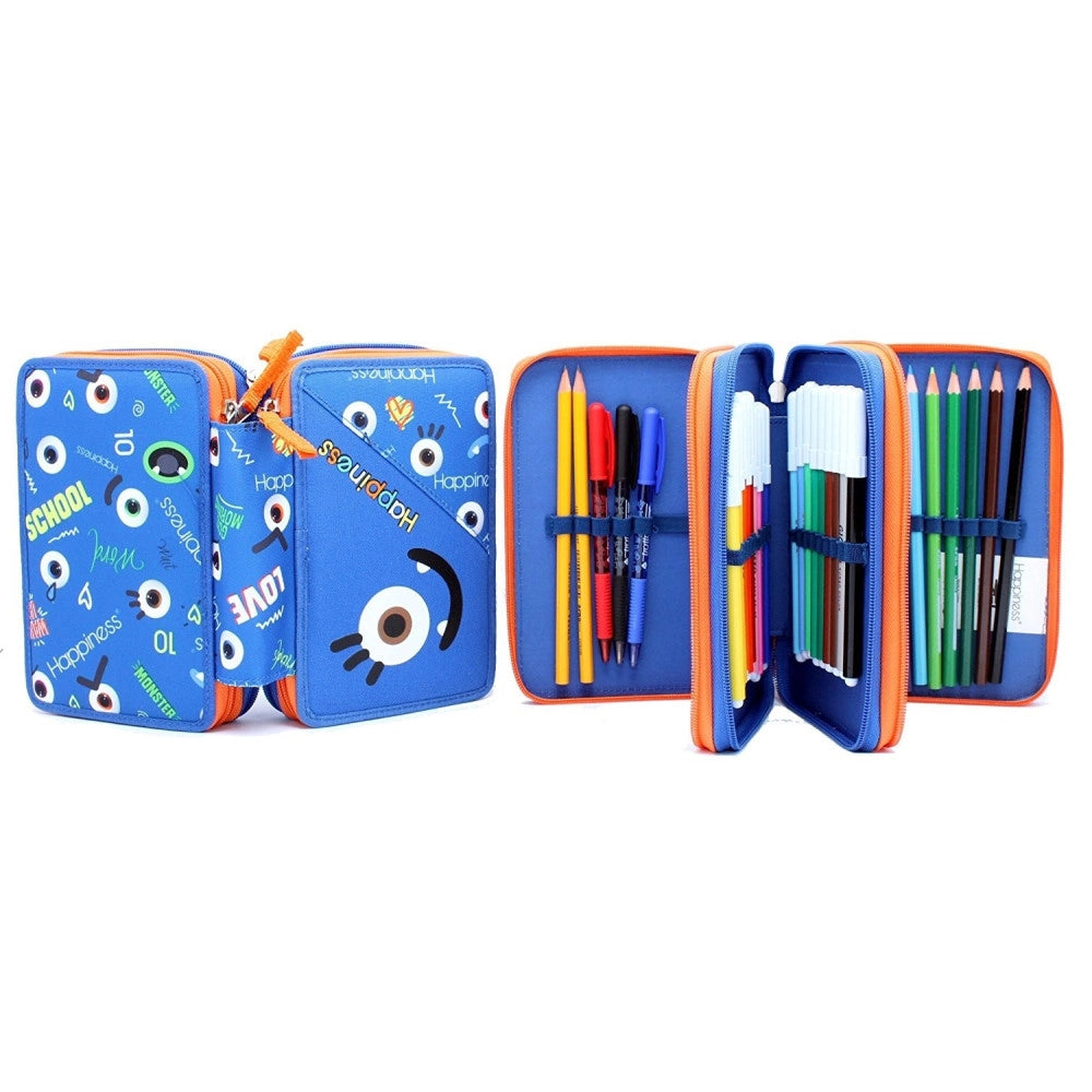 Trade Shop - Astuccio 3 Zip 3 Scomparti Colore Blu Funny Happiness Smemoranda -