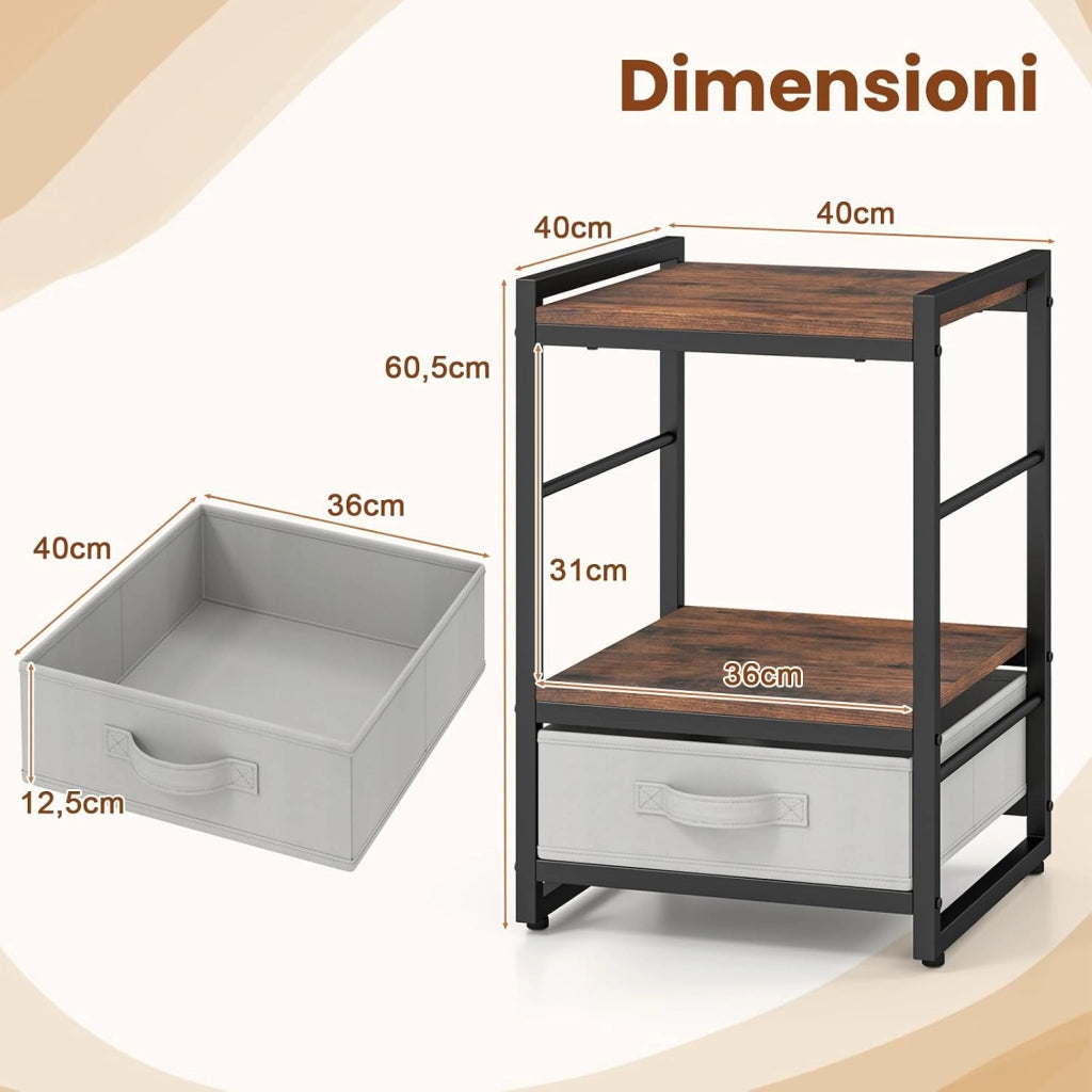 Tavolino da Salotto in Legno e Metallo, Tavolino Quadrato da Divano con Mensola Aperta e Cassetto in Tessuto, Tavolino da Caffè per Soggiorno e Camera da Letto,40 x 40 x 60,5 cm