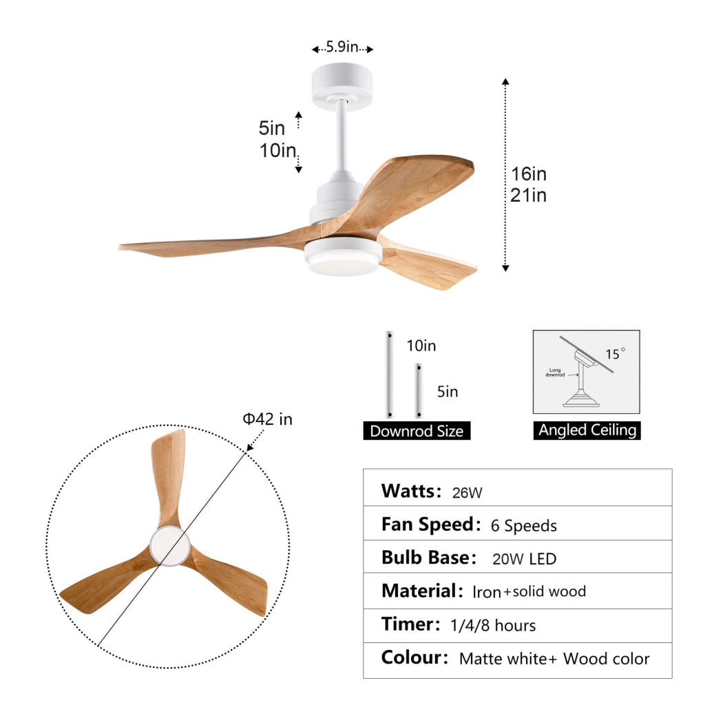 Ventilatore da soffitto con luce e telecomando; 3 pale in legno massello; bianco e naturale