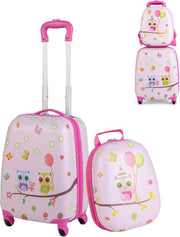Set di Valigia 16’’ + Zaino 12’’ per Bambini 2 Pezzi, Bagagli 2-in-1 con Zainetto da Viaggio Aereo, Trolley con Maniglia Telescopica e 4 Ruote a 360° (Rosa Gufo)