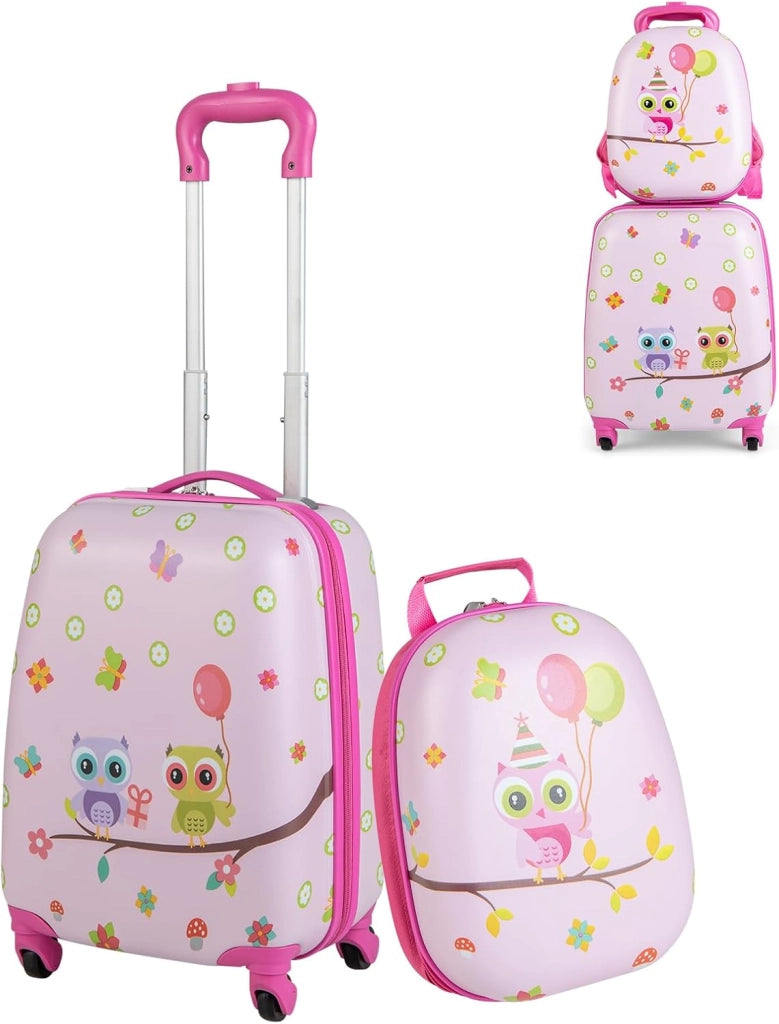Set di Valigia 16’’ + Zaino 12’’ per Bambini 2 Pezzi, Bagagli 2-in-1 con Zainetto da Viaggio Aereo, Trolley con Maniglia Telescopica e 4 Ruote a 360° (Rosa Gufo)