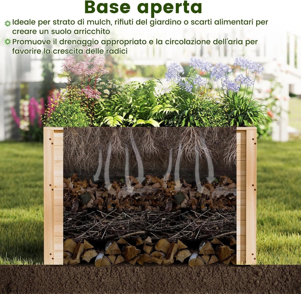 Letto da Giardino Rialzato in Legno, Fioriera Elevata con Base Aperta per Piante con Radici Profonde, Fioriera in Legno Massiccio per Patio, Balcone e Giardino, 100 x 64 x 65,5 cm