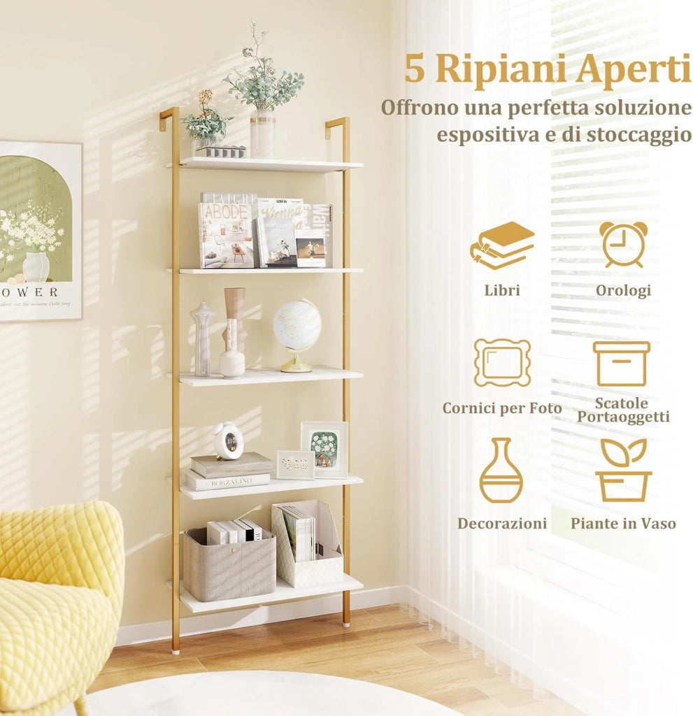 Scaffale a Scala a 5 Ripiani, Libreria da Parete Salvaspazio in Legno Moderno, Scaffale Portaoggetti per Soggiorno, Studio e Camera da Letto, 64 × 30 × 178 cm, Bianco