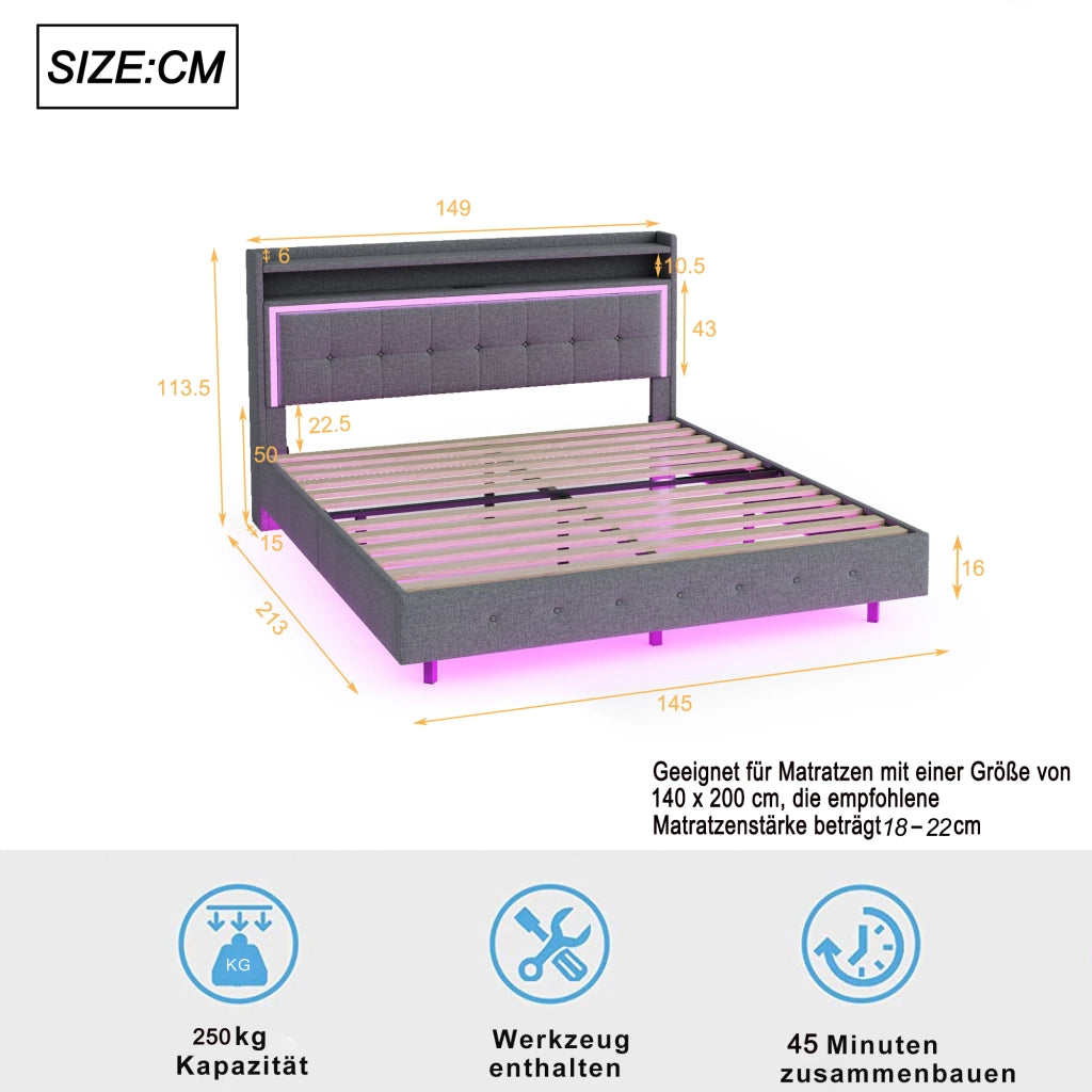 LETTO Imbottito 140x200 cm Grigio con USB e LED