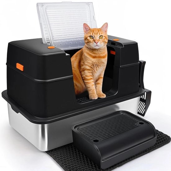 RVS Cassetta per Gatti XL, Grande Cassetta per Gatti con Copertura, Cassetta per Gatti con Altezza Elevata, Facile da Pulire, Cassetta per Gatti RVS Semiaperta/Totale, 60 x 40 x 39,5 cm, Nero