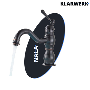 NALA | Rubinetto da bagno basso vintage Gastro nero spazzolato |. Rubinetto per lavabo retrò premium in acciaio inossidabile piccolo |