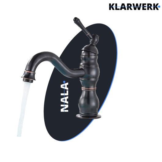 NALA | Rubinetto da bagno basso vintage Gastro nero spazzolato |. Rubinetto per lavabo retrò premium in acciaio inossidabile piccolo |