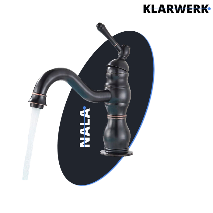 NALA | Rubinetto da bagno basso vintage Gastro nero spazzolato |. Rubinetto per lavabo retrò premium in acciaio inossidabile piccolo |