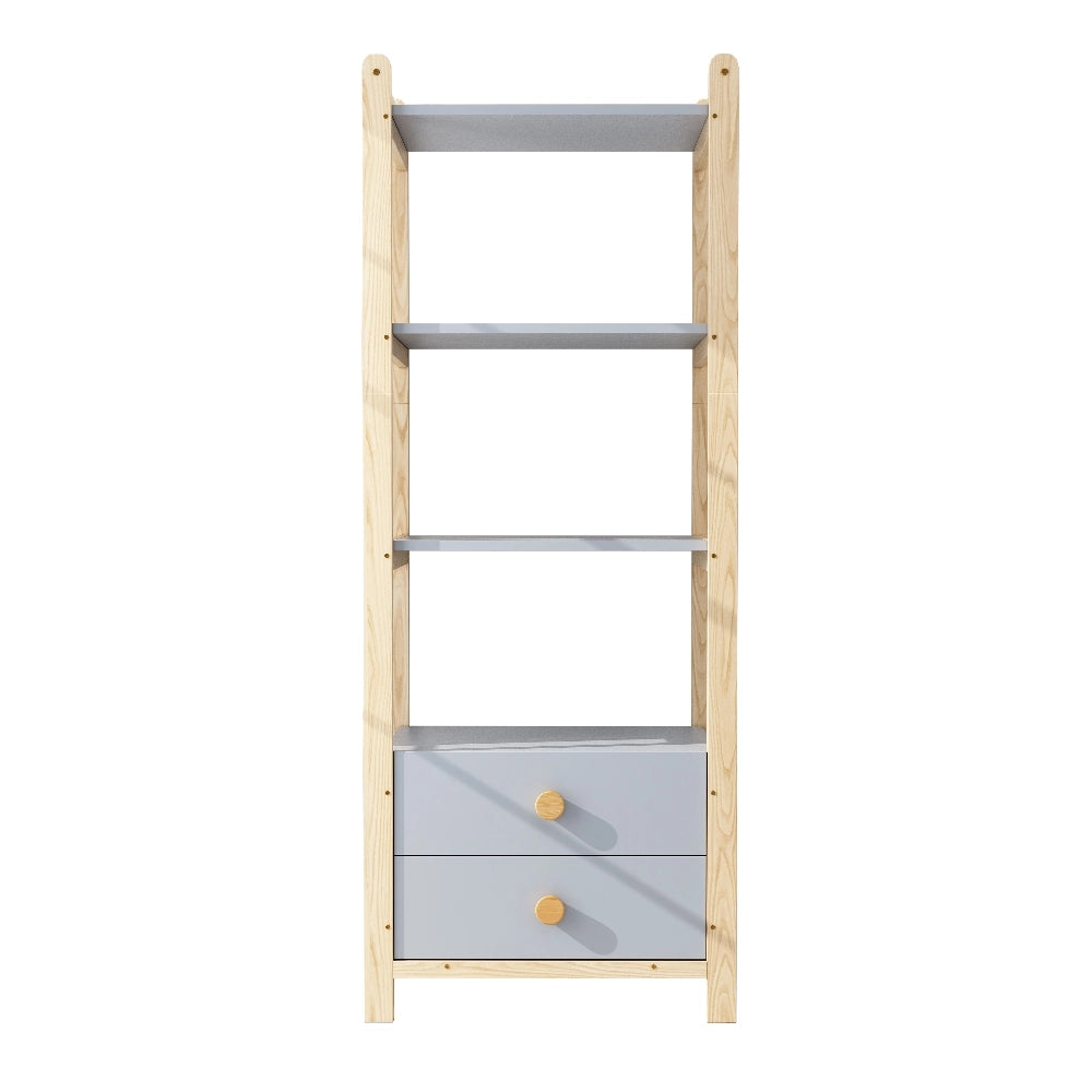Libreria alta con due cassetti 70 x 44 x 180 cm; scaffale a quattro ripiani blu e legno