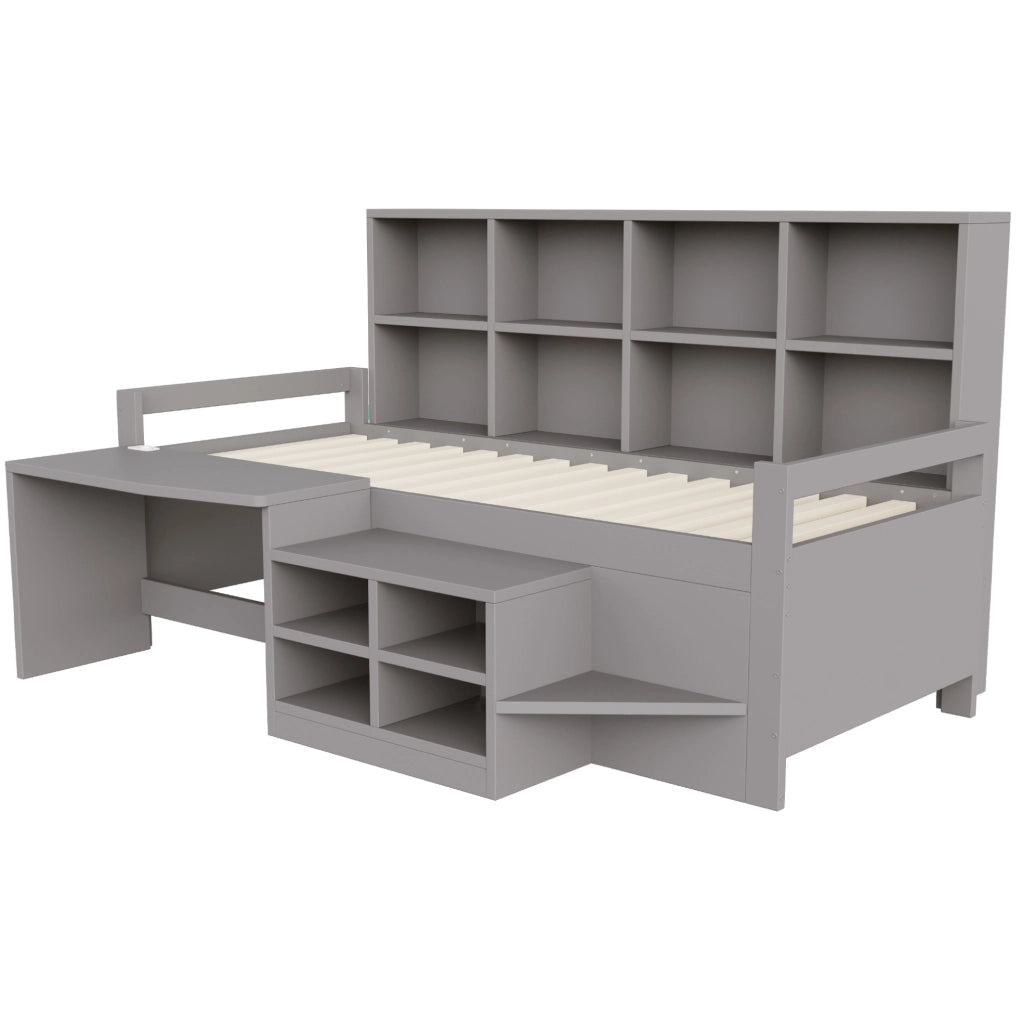 Letto a soppalco 90x200 cm con scrivania; vani portaoggetti e LED in legno e legno sintetico grigio