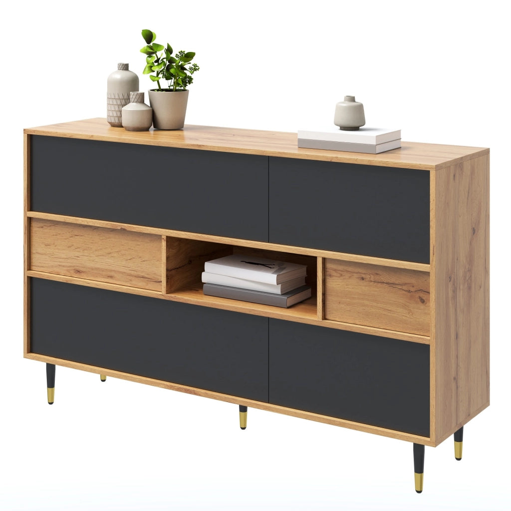 Sideboard bicolore con 2 cassetti; vano aperto e ante a ribalta; MDF e truciolare; nero e naturale