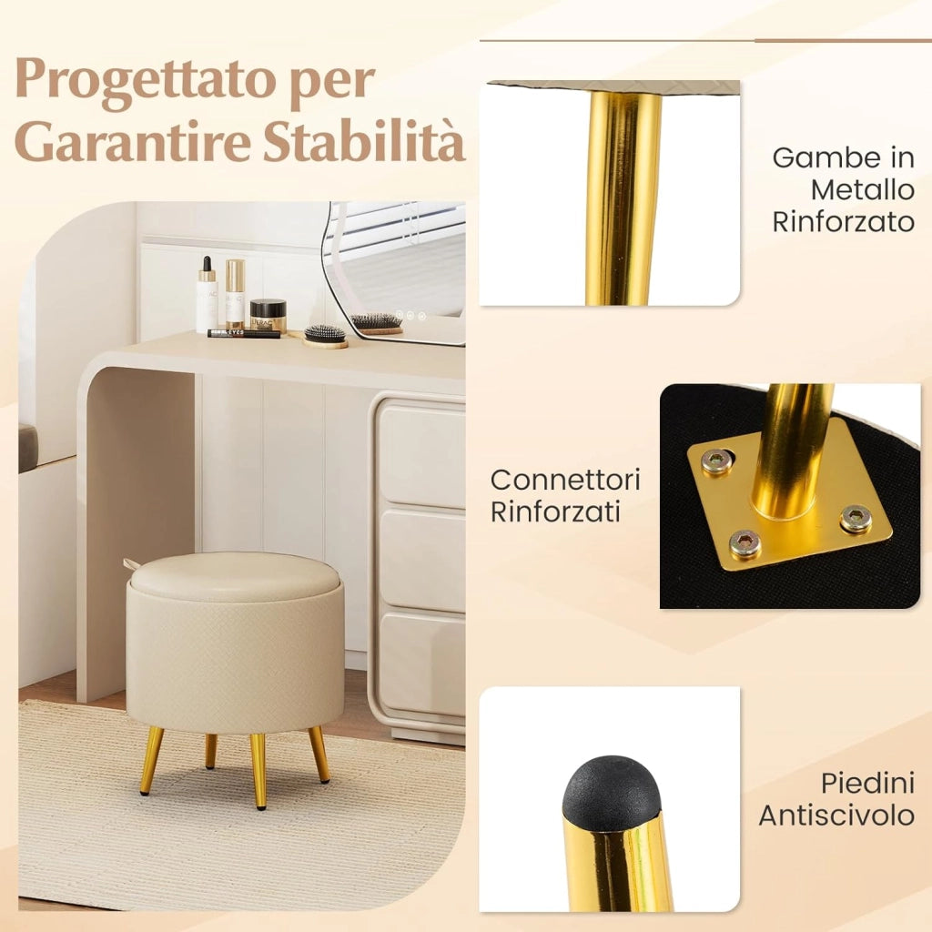 Set di 2 Pouf Contenitori Rotondi 23L + 6L, Ottomano con Vano Portaoggetti e Coperchio Rimovibile, Sgabelli da Trucco Imbottito con Gambe in Metallo, per Ingresso e Salotto