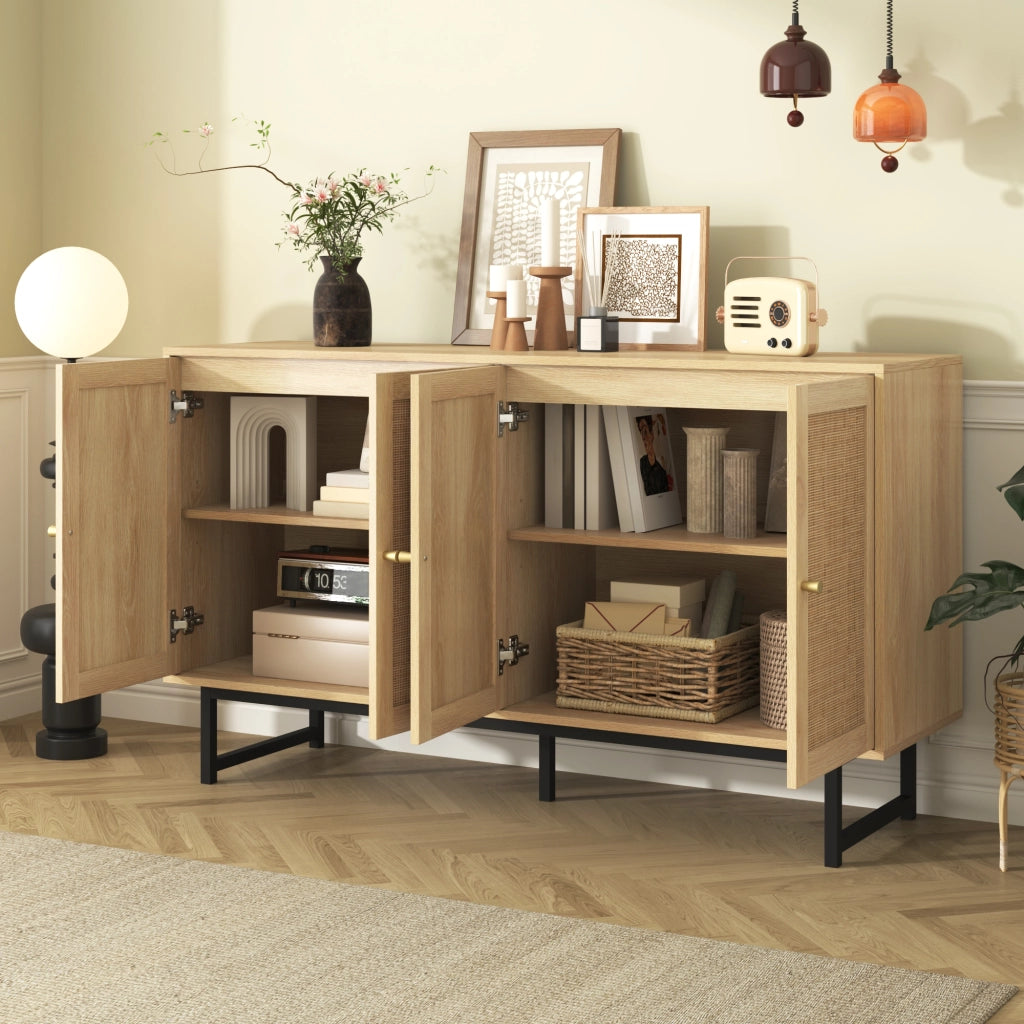 Madia con 4 Ante e Ripiani Regolabili; Rattan Naturale; Stile Moderno; in Pannello Truciolare; 140??39;5??80 cm; Legno