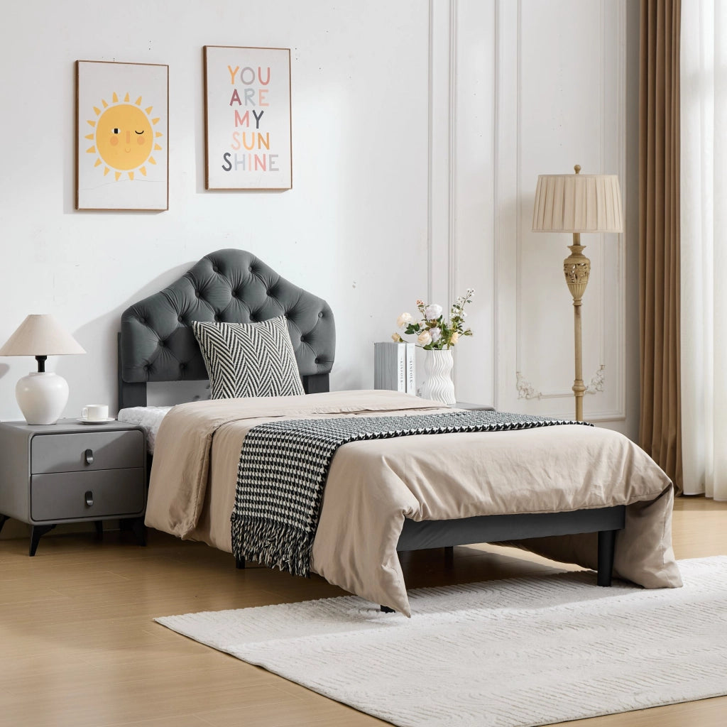 Letto imbottito di 90x200 cm in ciniglia grigia