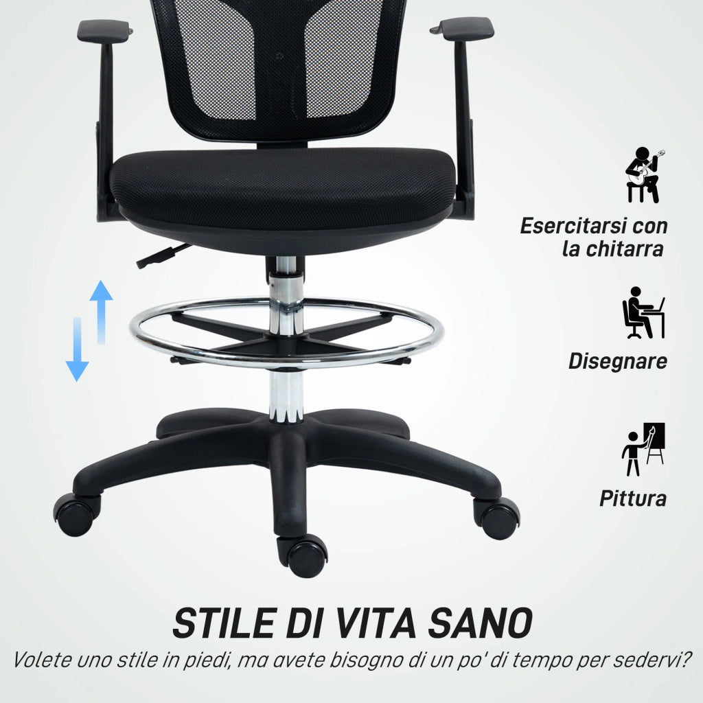 Sedia Girevole 55x58x94 cm con Anello Poggiapiedi e Schienale Ricurvo Nero