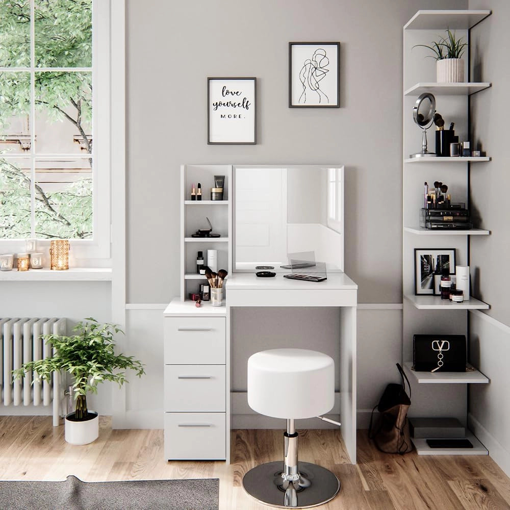 Tavolo da toeletta Meryl, Bianco, 80 cm con illuminazione LED e sgabello, adatto per truccarsi, acconciarsi e conservare cosmetici