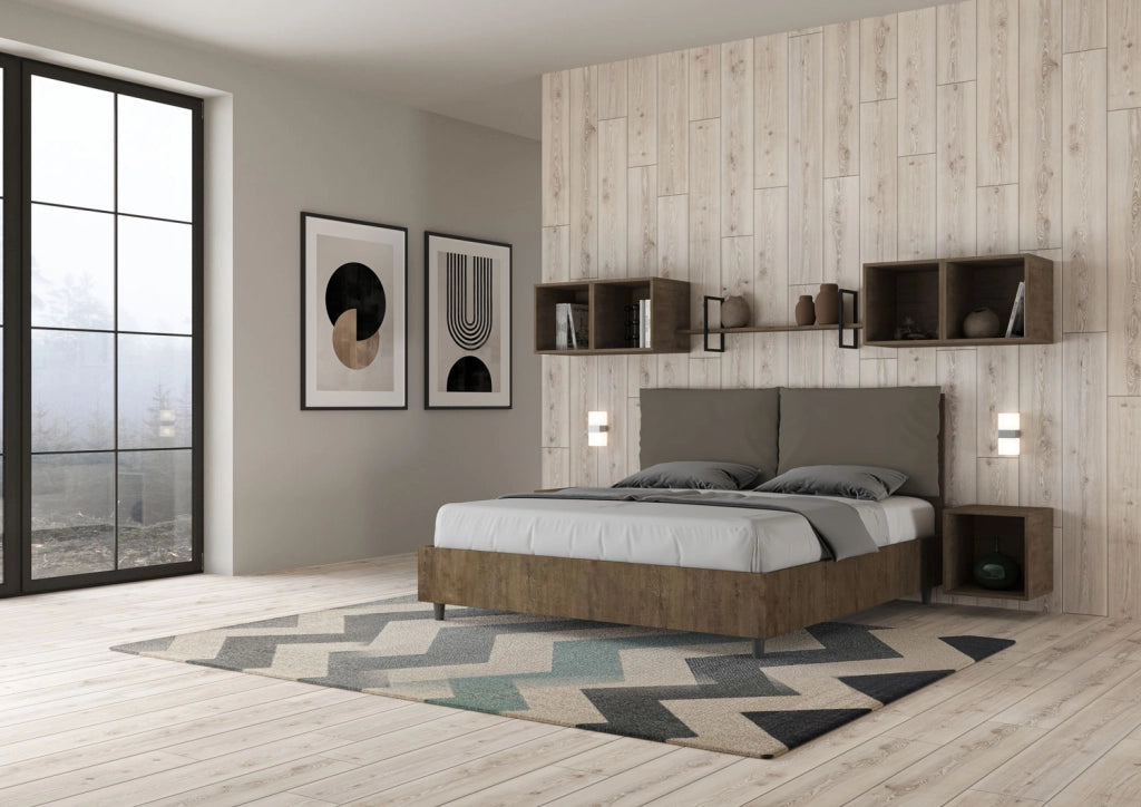 BS COM Letto matrimoniale senza rete 160x190 Noce cuscini similpelle cappuccino