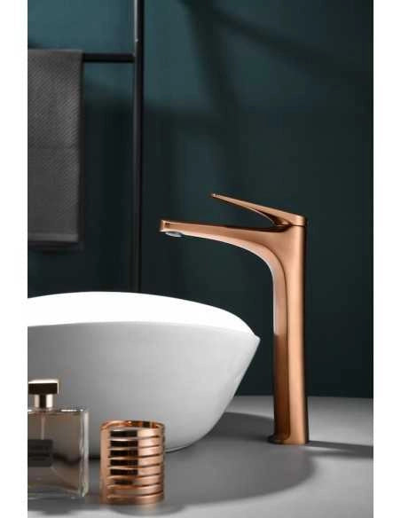 IMEX Miscelatore monocomando per lavabo alto in ottone con finitura oro rosa spazzolato cartuccia ceramica Ø28 mm set 2 flessibili 3-8 inclusi altezza 288 mm canna 175 mm – Modello BDD055-3ORC