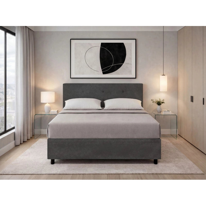Letto imbottito Matrimoniale 180x190 cm Button - Contenitore,Microfibra,Grigio