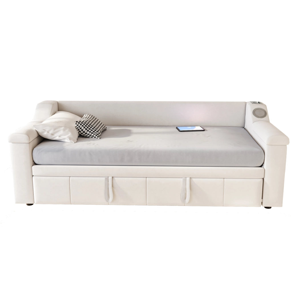 Divano letto imbottito ULEVR 90/180x190 cm con estrazione idraulica, stereo Bluetooth, USB e vani beige