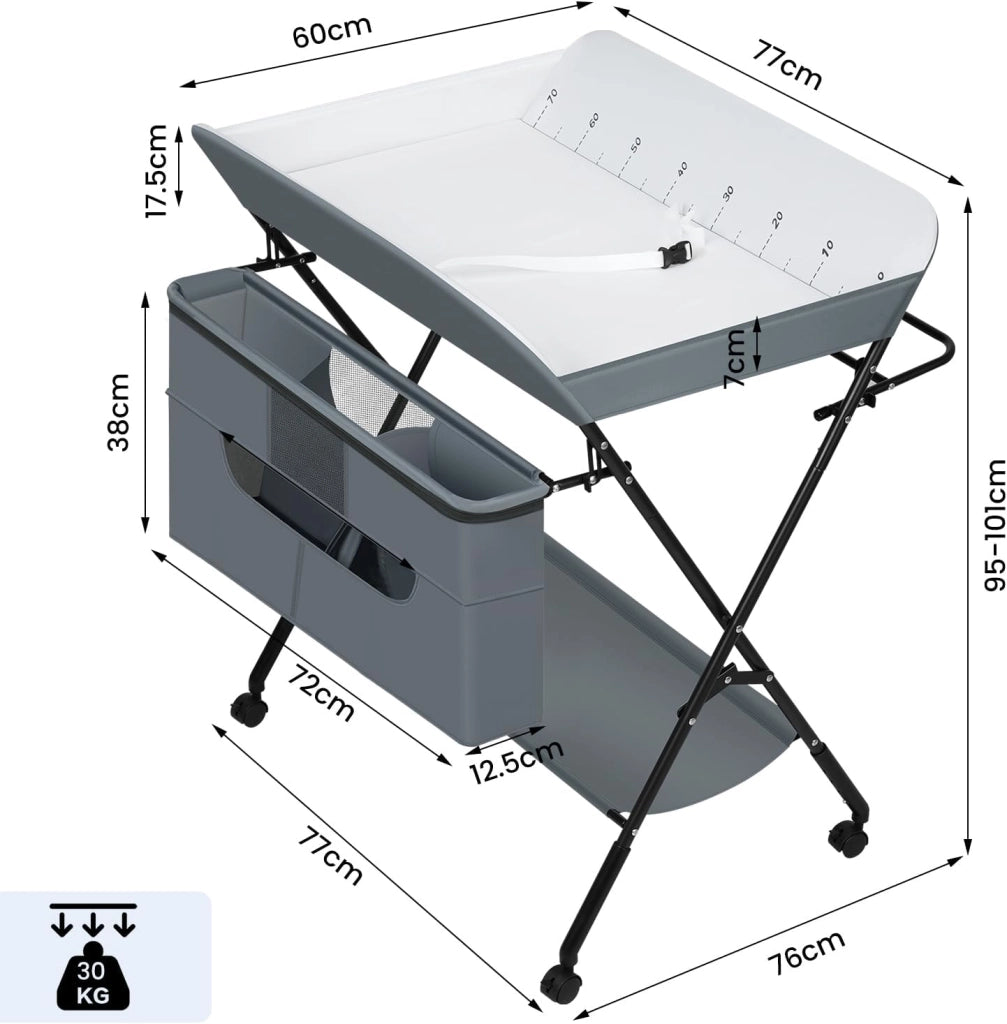 Fasciatoio per Neonati Pieghevole e Portatile, Fasciatoio con Ruote Bloccabili, Cestino, Barra e Ripiano Inferiore, Tessuto Oxford, Grigio