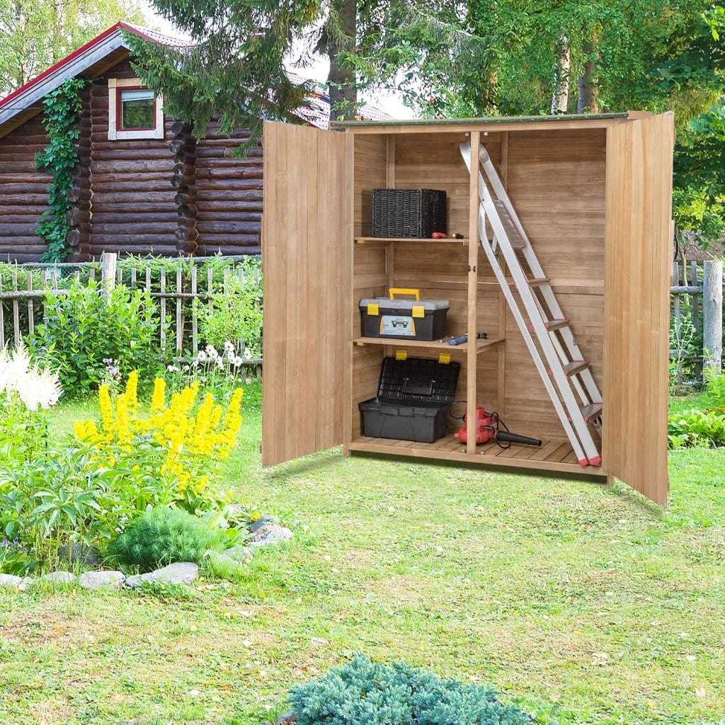Casetta da Giardino in Legno, 140 x 50 x 162 cm, Capanno per Attrezzi per Esterno con 2 Ripiani e 1 Armadio, Resistente alle Intemperie con Ante Bloccabili, Capanno da Giardino