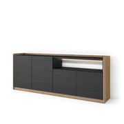 Credenza, Mobile, Cucina, 207x80x37 cm, 4 Porte, LED, Nero e rovere