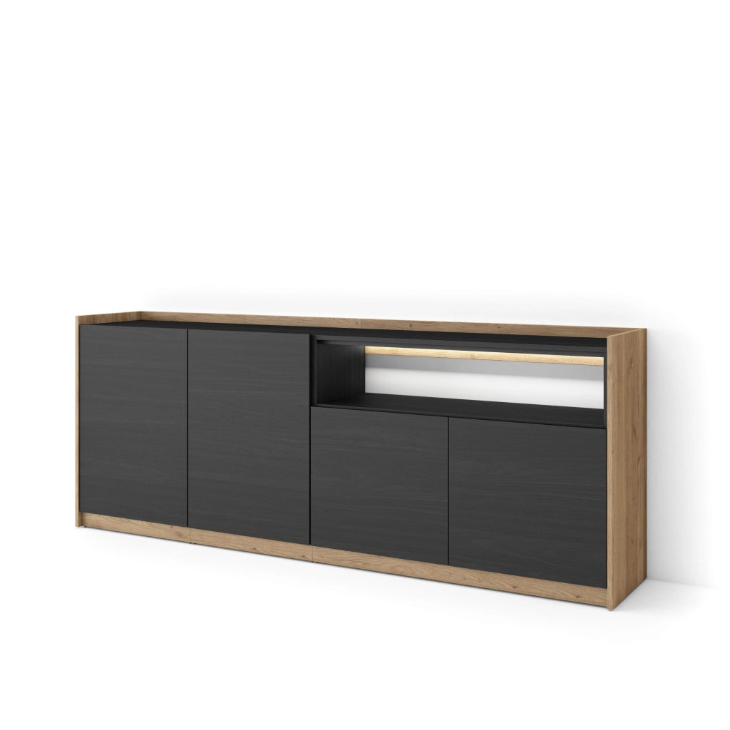 Credenza, Mobile, Cucina, 207x80x37 cm, 4 Porte, LED, Nero e rovere