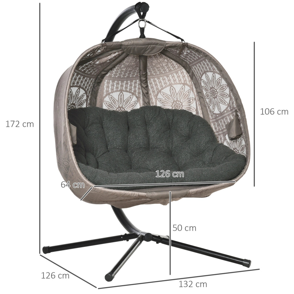 Poltrona sospesa per 2 persone con supporto pieghevole; 132x126x172 cm; acciaio e poliestere; sabbia