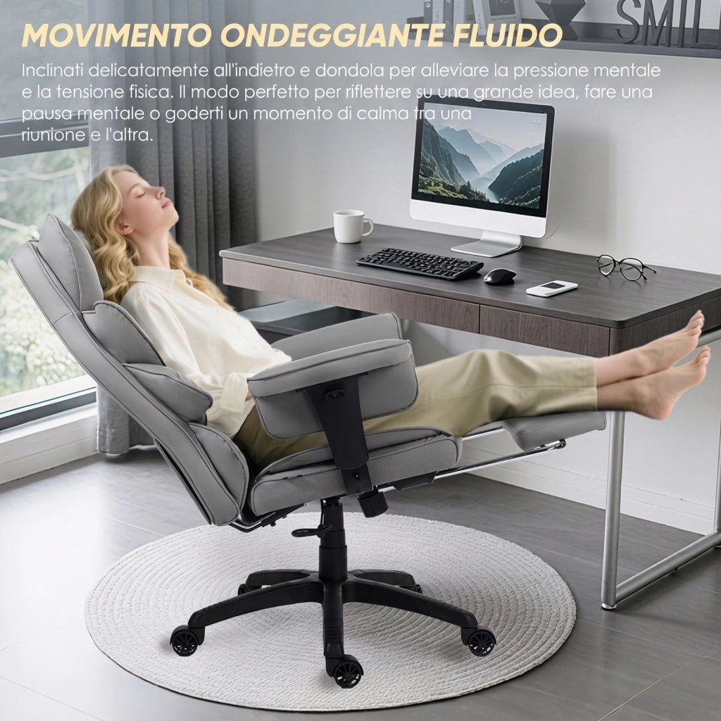 Sedia da Gaming | Schienale a doppio strato rinforzato, supporto lombare regolabile, braccioli e poggiapiedi, rivestimento in similpelle PU, grigio