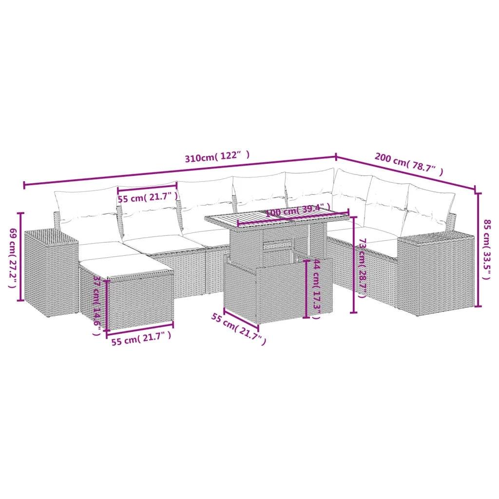 Set Divano da Giardino 9 pz con Cuscini Beige in Polyrattan