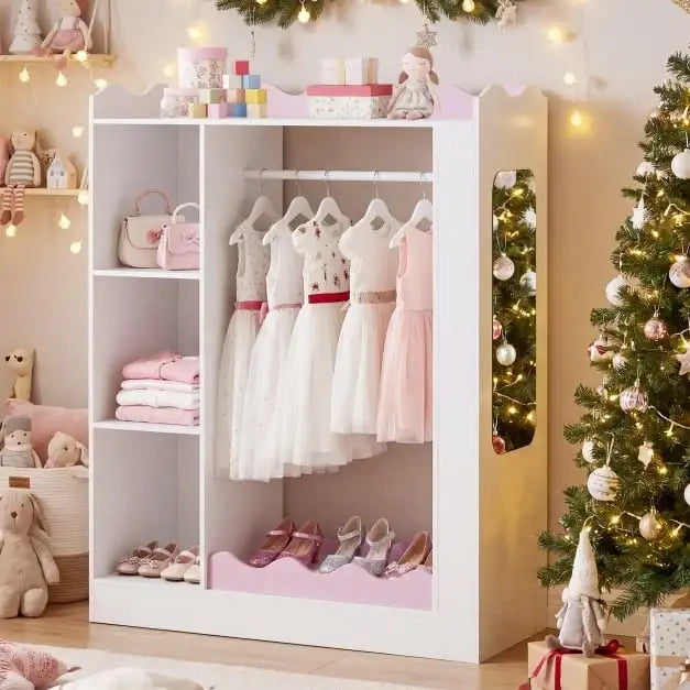 Armadio appendiabiti per bambini con specchi e ripiani rosa per cameretta organizzatore vestiti e giochi