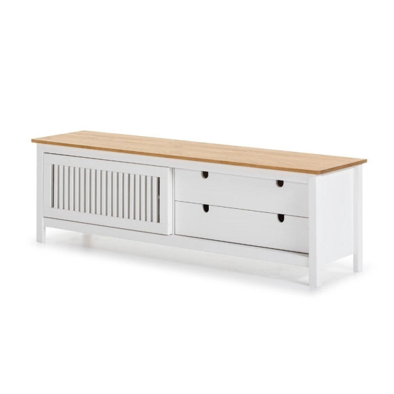 Mobile porta tv Bruna con 1 anta scorrevole e 2 cassetti in legno massiccio bianco e top pino