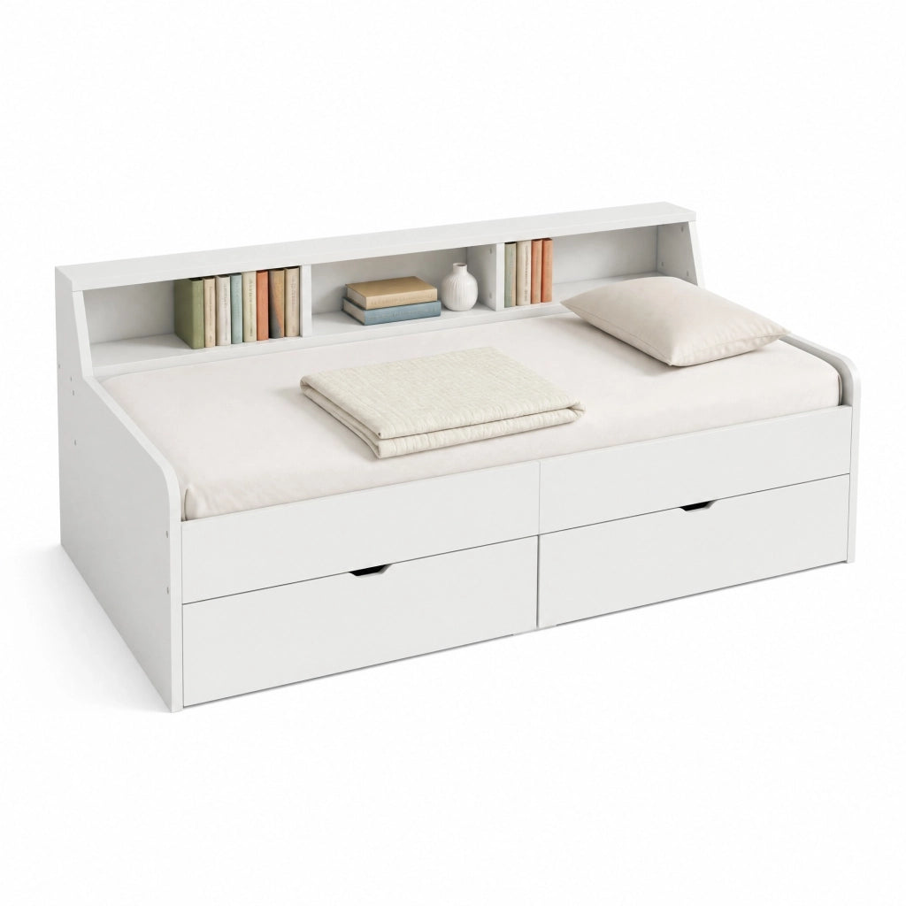 Letto giorno 90x200 cm con due cassetti e ripiani, bianco
